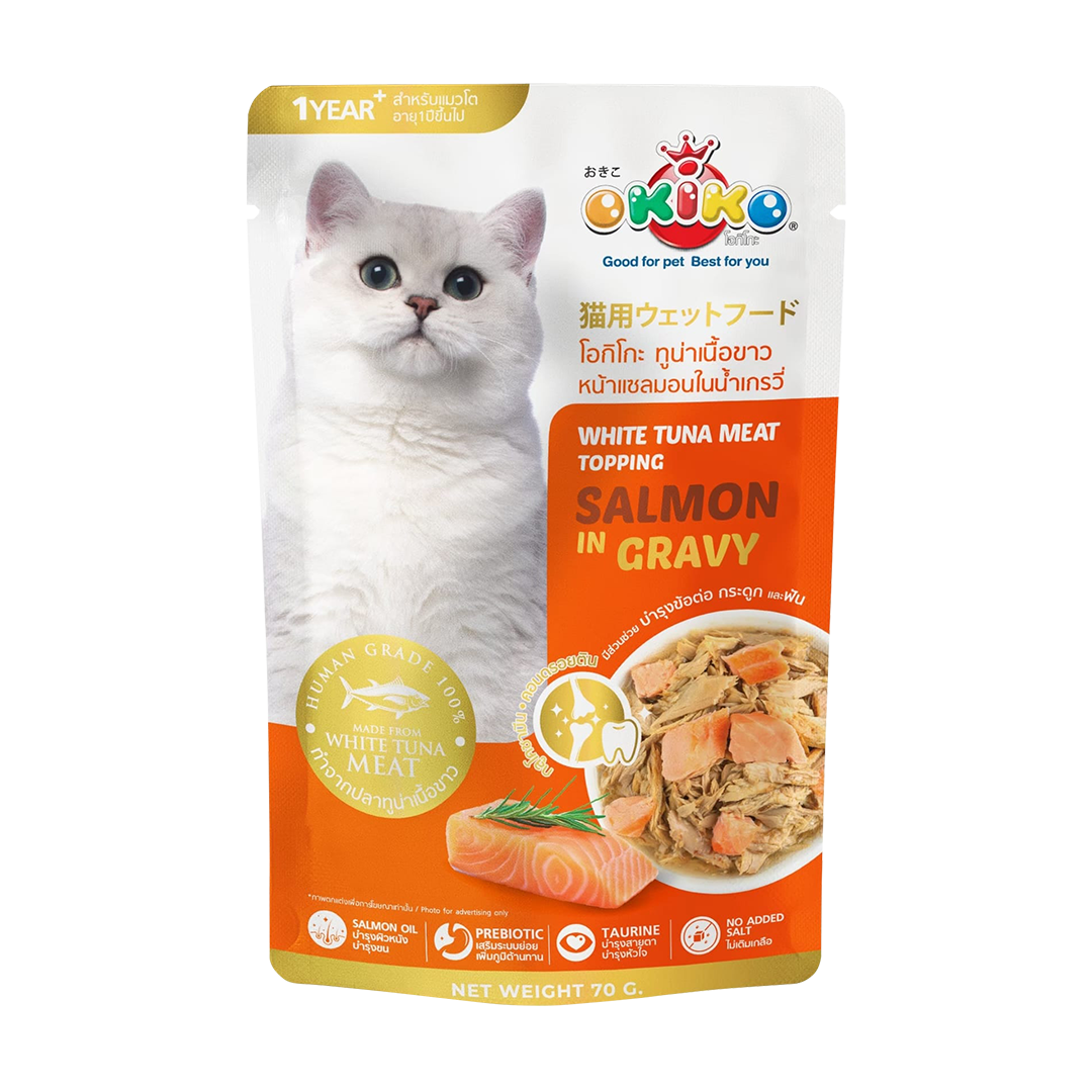 Okiko White Tuna Meat Topping Salmon in Gravy 70g